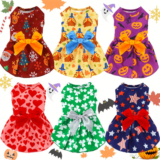6pcs Festive Polyester Dog Dresses with Bows - Cartoon Themed Pullover Pet
