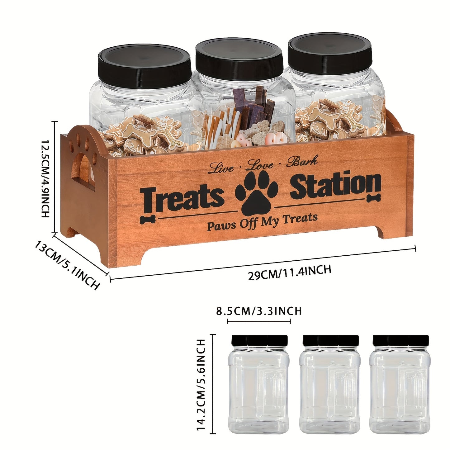 1pc Wooden Pet Treat Station with 3 Plastic Jars - Rectangular Dog & Cat Food Storage Organizer, Multipurpose Farmhouse Style Container for Pet Supplies, Non-Waterproof, No Power Needed, Dog Food Storage, Storage Boxes for Or
