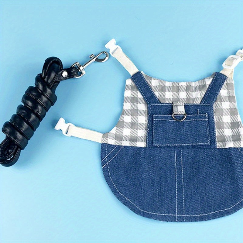 Durable Canvas Plaid Denim 1pc Rabbit Harness with Leash