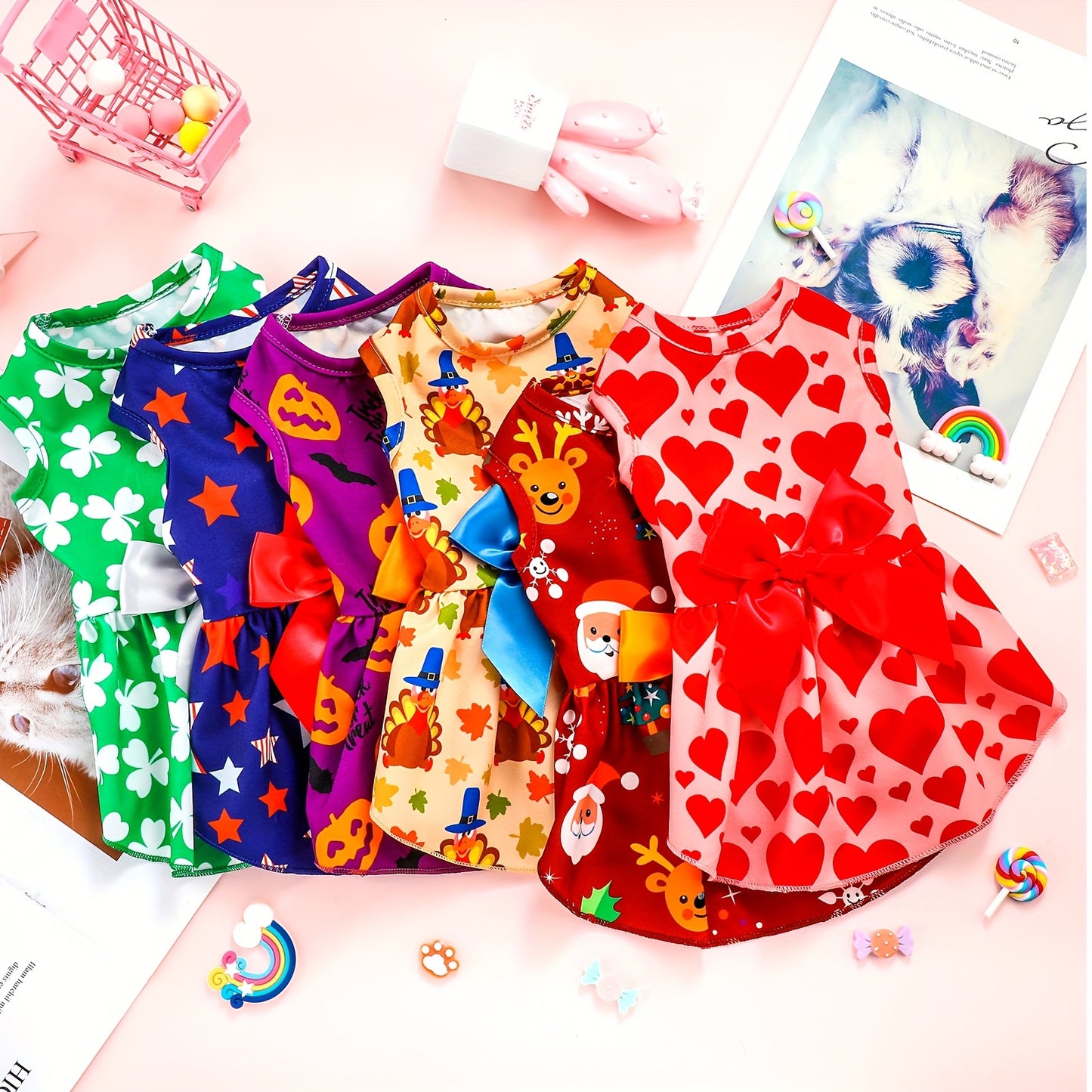 6pcs Festive Polyester Dog Dresses with Bows - Cartoon Themed Pullover Pet