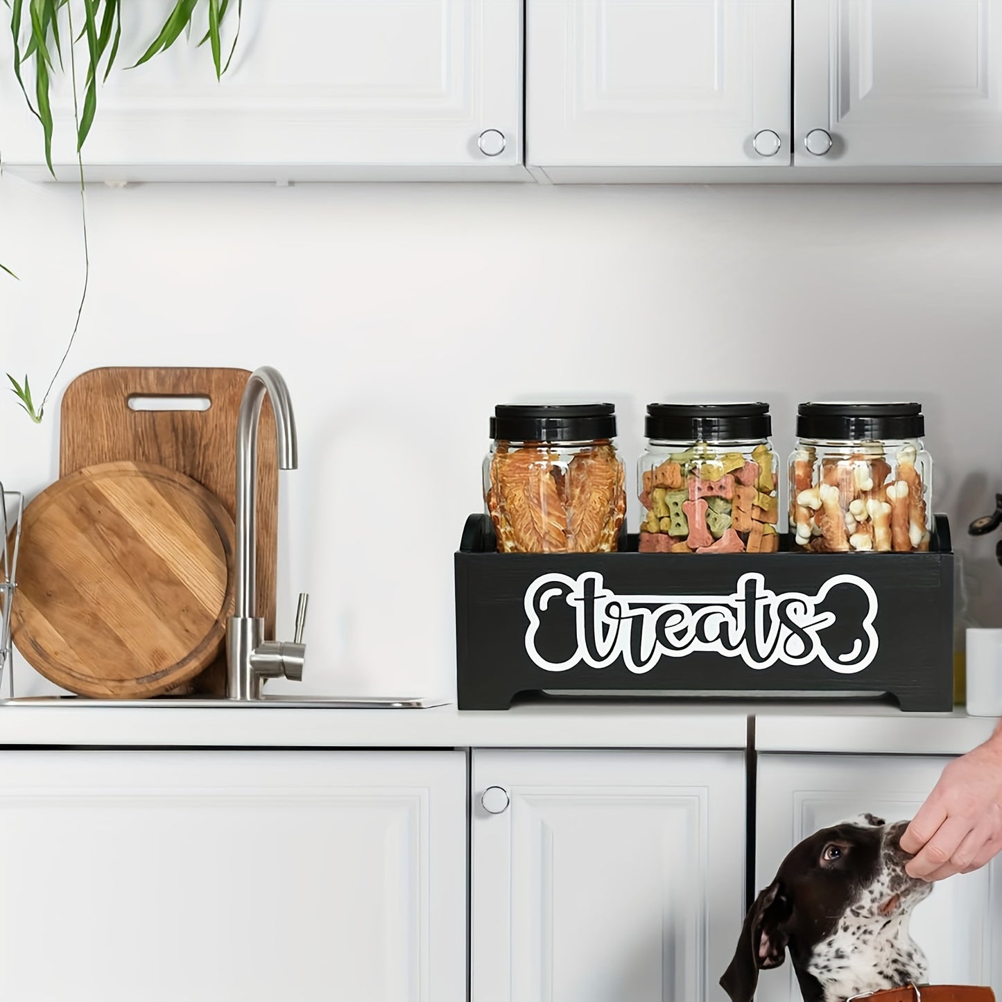 1pc Wooden Pet Treat Station with 3 Plastic Jars - Rectangular Dog & Cat Food Storage Organizer, Multipurpose Farmhouse Style Container for Pet Supplies, Non-Waterproof, No Power Needed, Dog Food Storage, Storage Boxes for Or