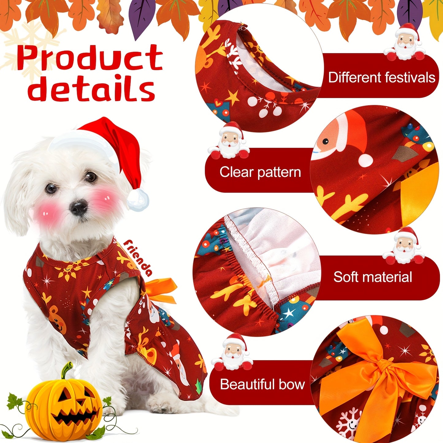 6pcs Festive Polyester Dog Dresses with Bows - Cartoon Themed Pullover Pet