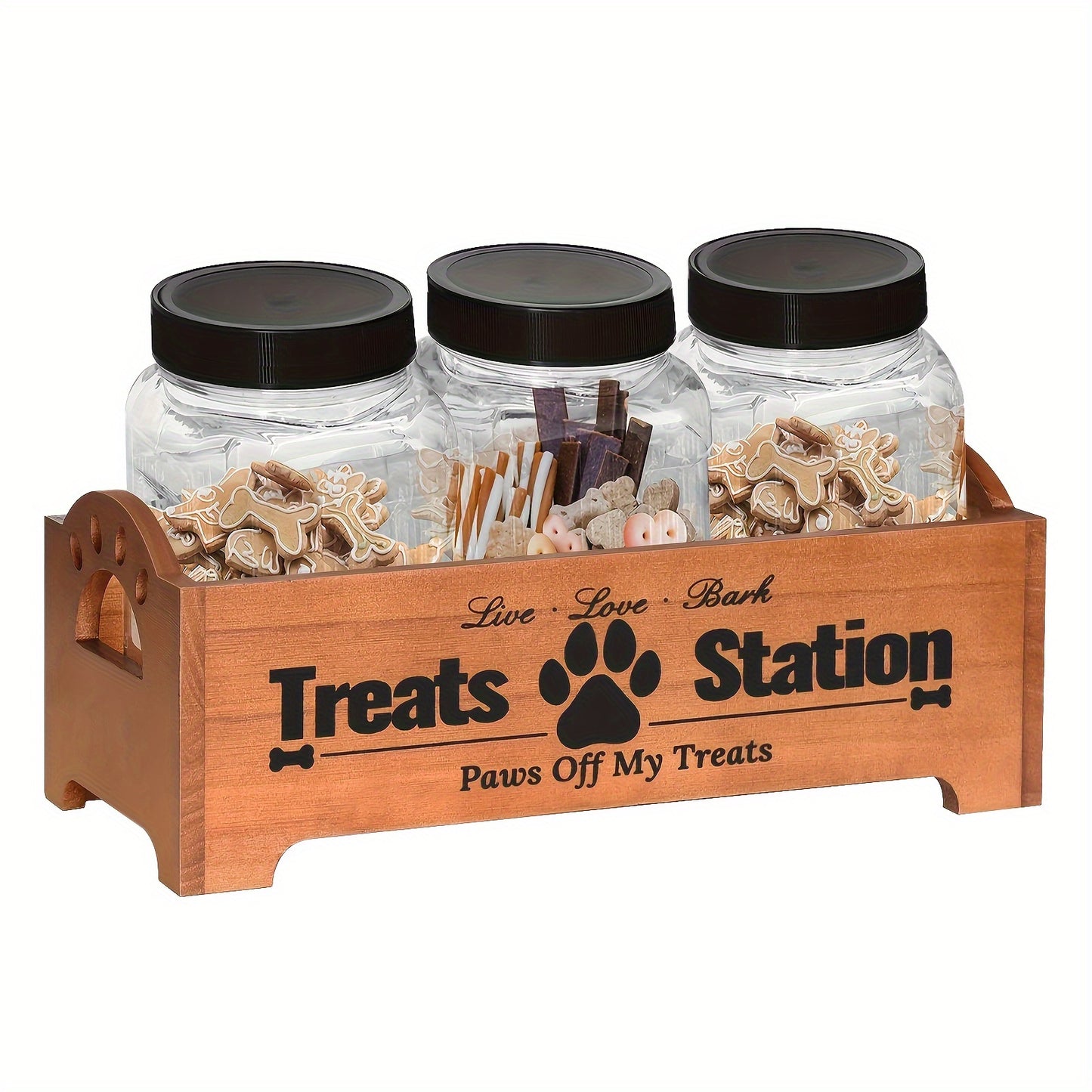 1pc Wooden Pet Treat Station with 3 Plastic Jars - Rectangular Dog & Cat Food Storage Organizer, Multipurpose Farmhouse Style Container for Pet Supplies, Non-Waterproof, No Power Needed, Dog Food Storage, Storage Boxes for Or