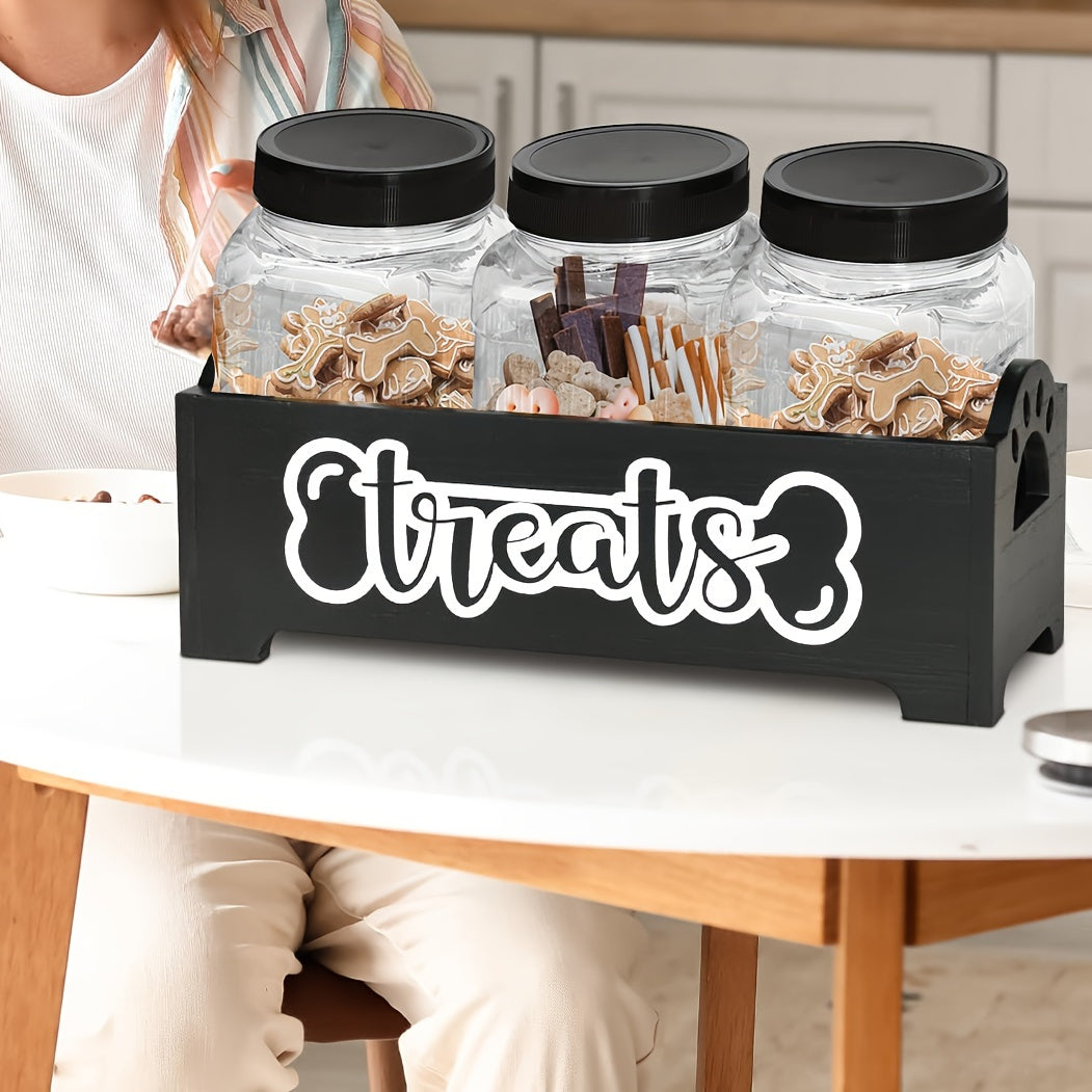 1pc Wooden Pet Treat Station with 3 Plastic Jars - Rectangular Dog & Cat Food Storage Organizer, Multipurpose Farmhouse Style Container for Pet Supplies, Non-Waterproof, No Power Needed, Dog Food Storage, Storage Boxes for Or