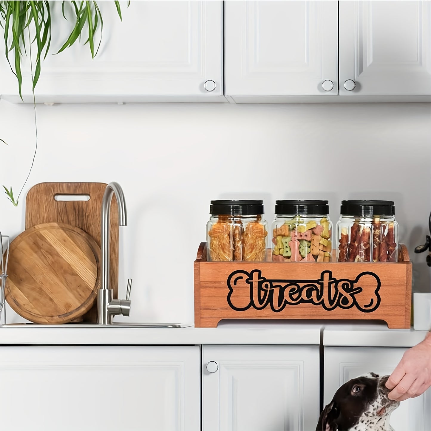 1pc Wooden Pet Treat Station with 3 Plastic Jars - Rectangular Dog & Cat Food Storage Organizer, Multipurpose Farmhouse Style Container for Pet Supplies, Non-Waterproof, No Power Needed, Dog Food Storage, Storage Boxes for Or