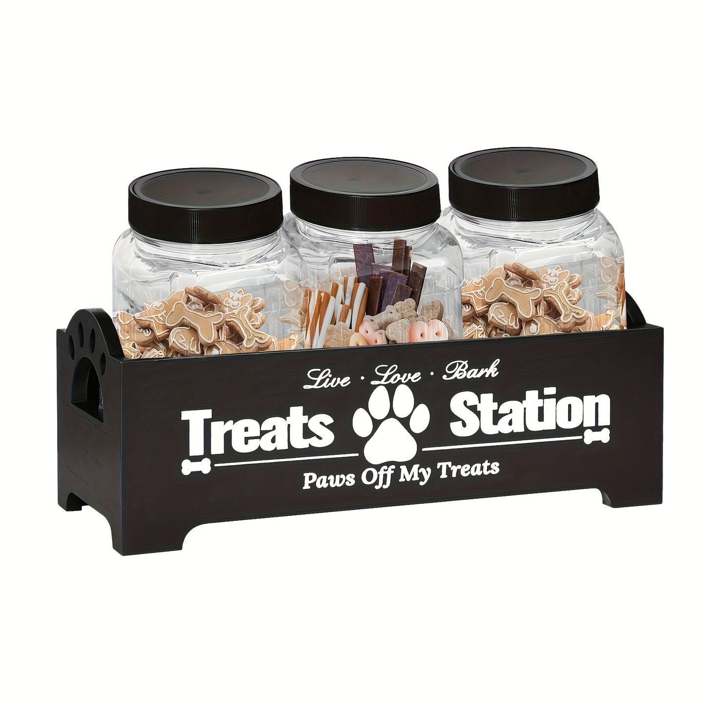 1pc Wooden Pet Treat Station with 3 Plastic Jars - Rectangular Dog & Cat Food Storage Organizer, Multipurpose Farmhouse Style Container for Pet Supplies, Non-Waterproof, No Power Needed, Dog Food Storage, Storage Boxes for Or