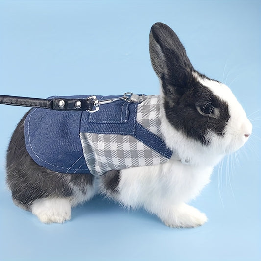 Durable Canvas Plaid Denim 1pc Rabbit Harness with Leash